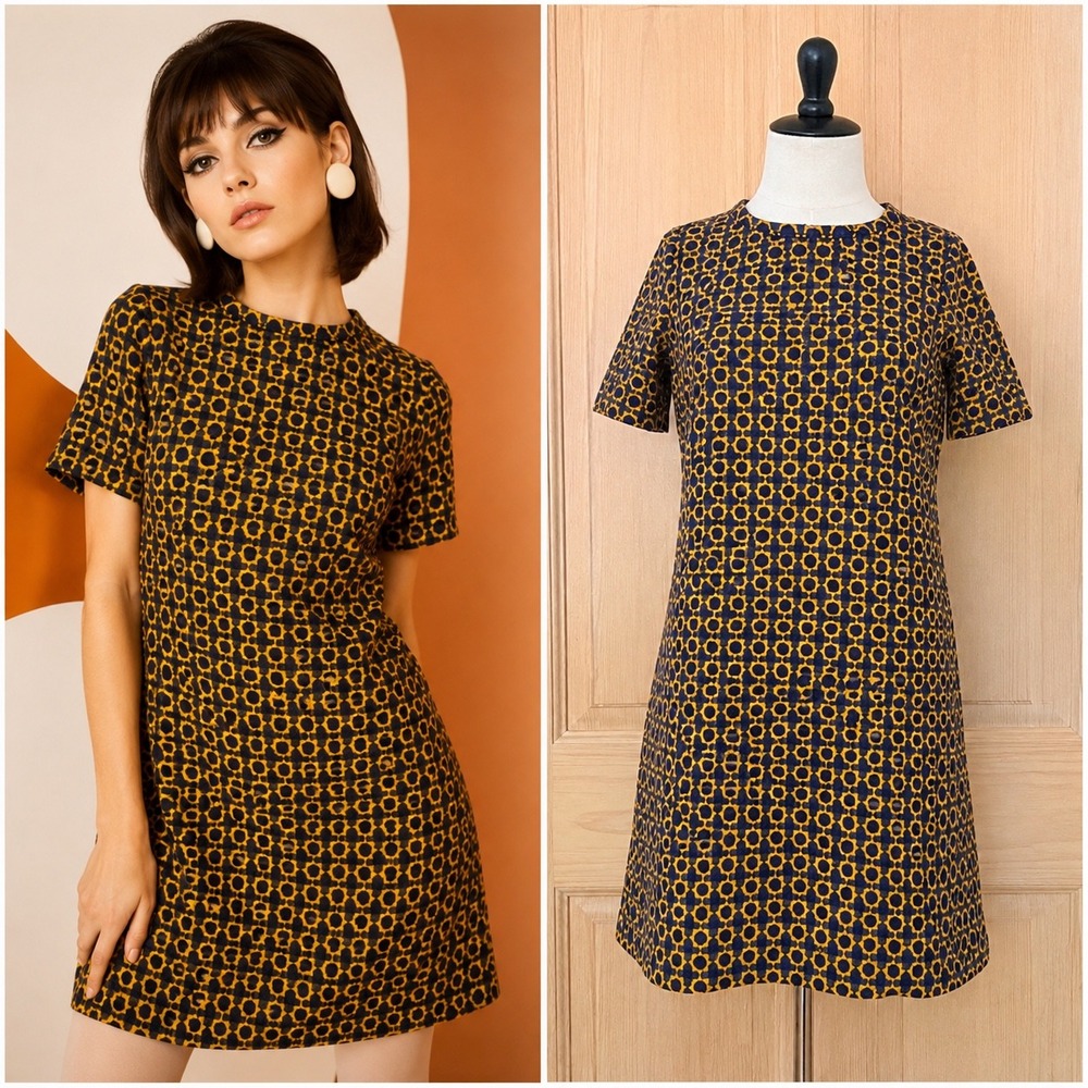 LOFT Shift Dress S Yellow Navy Blue Geometric Jacquard Short Sleeve Round Neck